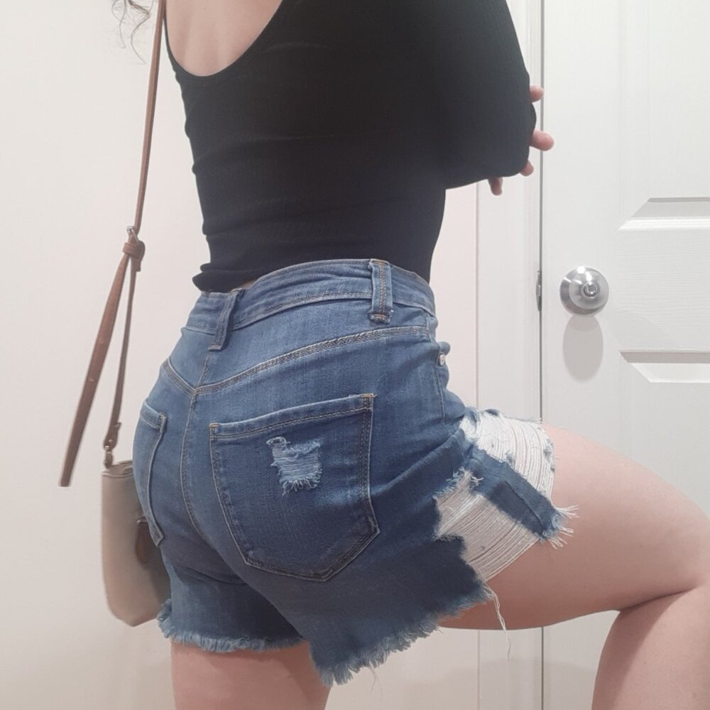 Button fly distressed high rise waisted denim jean shorts medium wash - Picture 12 of 12
